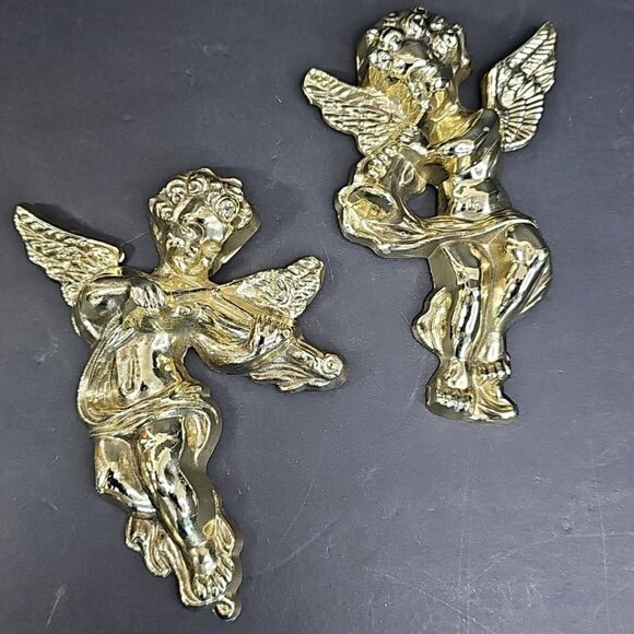 Vintage Cherubs Wall Decor Metal Angels Music Instrument Figures Golden Lot Of 2 - Picture 8 of 14